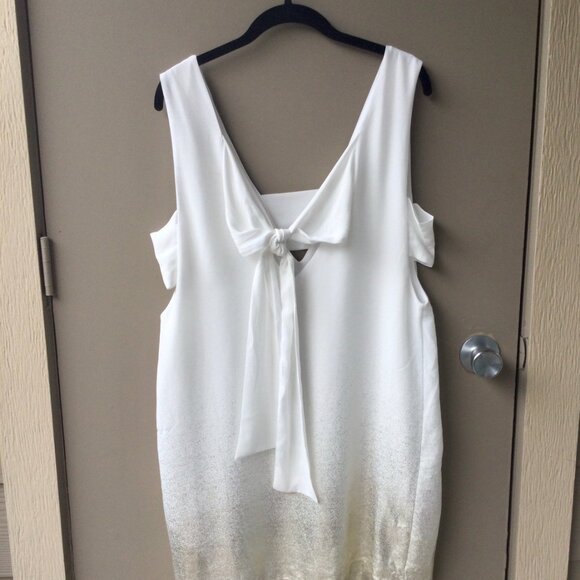 Cream & Gold Midi Dress with Back Tie – Size Large | Cutout Detail, Lined - Picture 2 of 6